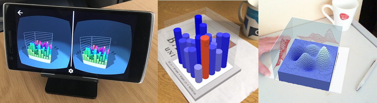 We have created a series of prototypes, exploring Immersive Analytics with Web-technologies. One of our first prototypes used WebVR polyfill to display on Google Cardboard a 3D bar-chart, built using <a href="https://d3js.org/" target="_blank">D3.js</a> and <a href="https://aframe.io/" target="_blank">A-Frame</a> (left). We have also used <a href="https://www.argonjs.io/" target="_blank">Argon.js</a> and <a href="https://aframe.io/" target="_blank">A-Frame</a> for doing a similar depiction in handheld MR (middle). Finally, we explored the synergy between QR codes and AR targets to control both the data and the registration of MR-based data visualizations. See below for links to published and under-progress work (right).